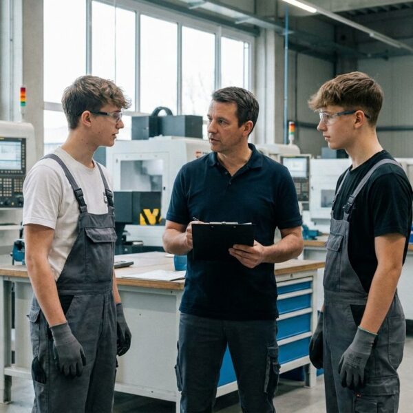 Ausbilder im Gespräch mit zwei Auszubildenden in einer Industriewerkstatt – Symbolbild zum deutschen Ausbildungsmarkt 2026