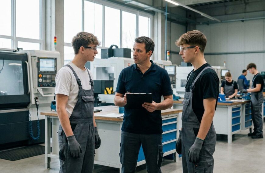 Ausbilder im Gespräch mit zwei Auszubildenden in einer Industriewerkstatt – Symbolbild zum deutschen Ausbildungsmarkt 2026