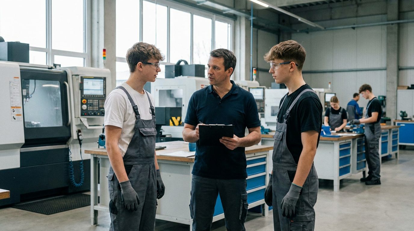 Ausbilder im Gespräch mit zwei Auszubildenden in einer Industriewerkstatt – Symbolbild zum deutschen Ausbildungsmarkt 2026