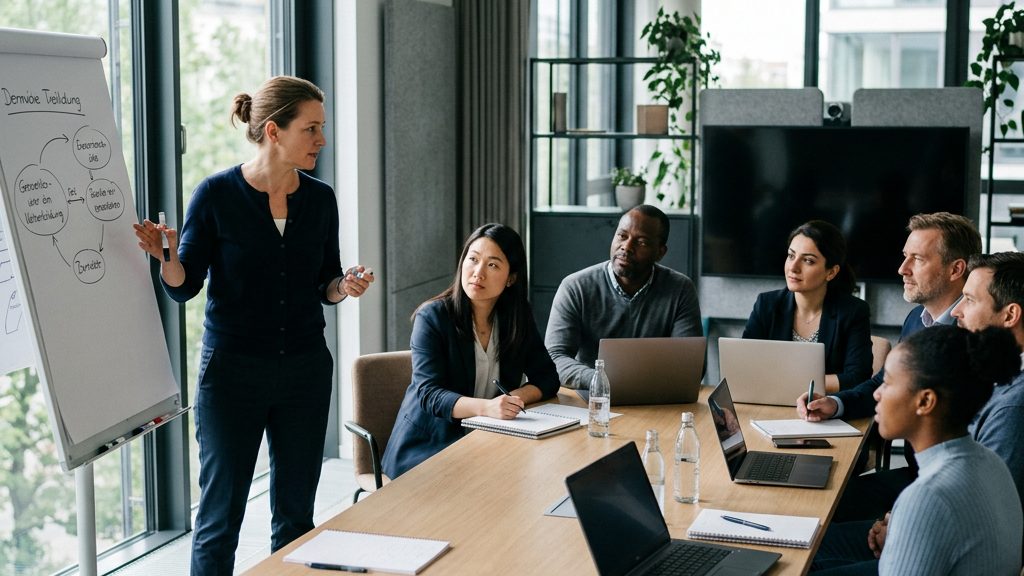 Mitarbeitende eines Betriebs sitzen mit Notebooks um einen Besprechungstisch, ein Trainer steht an einem Flipchart während einer betrieblichen Weiterbildung.