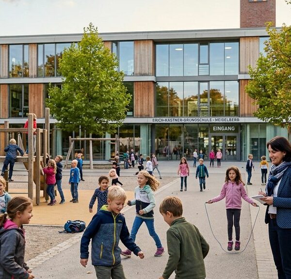 Kinder spielen nachmittags auf dem Schulhof einer Ganztagsgrundschule