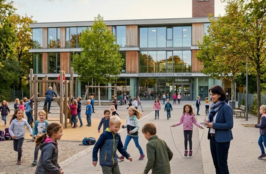Kinder spielen nachmittags auf dem Schulhof einer Ganztagsgrundschule