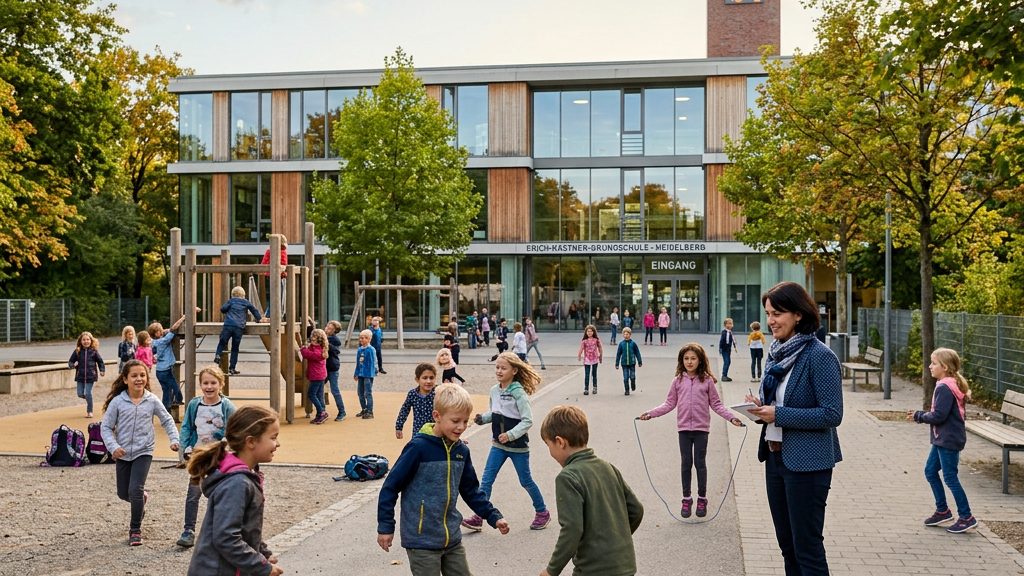 Kinder spielen nachmittags auf dem Schulhof einer Ganztagsgrundschule