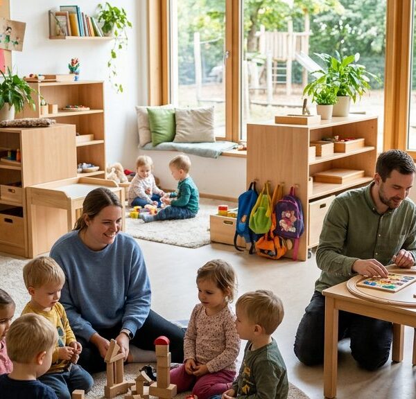 Erzieherinnen betreuen Kleinkinder in einer hellen Kindertagesstätte