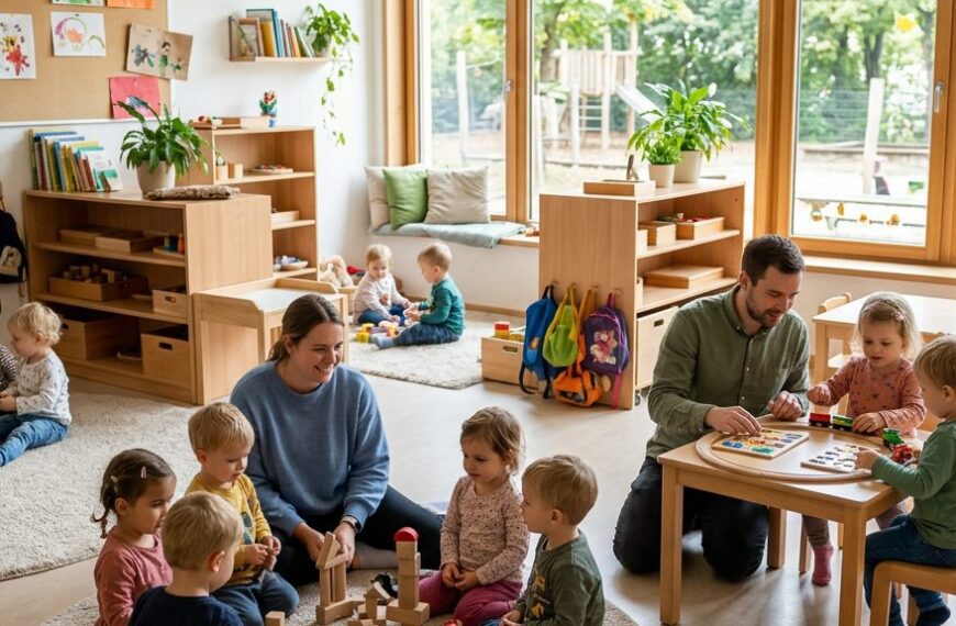 Erzieherinnen betreuen Kleinkinder in einer hellen Kindertagesstätte