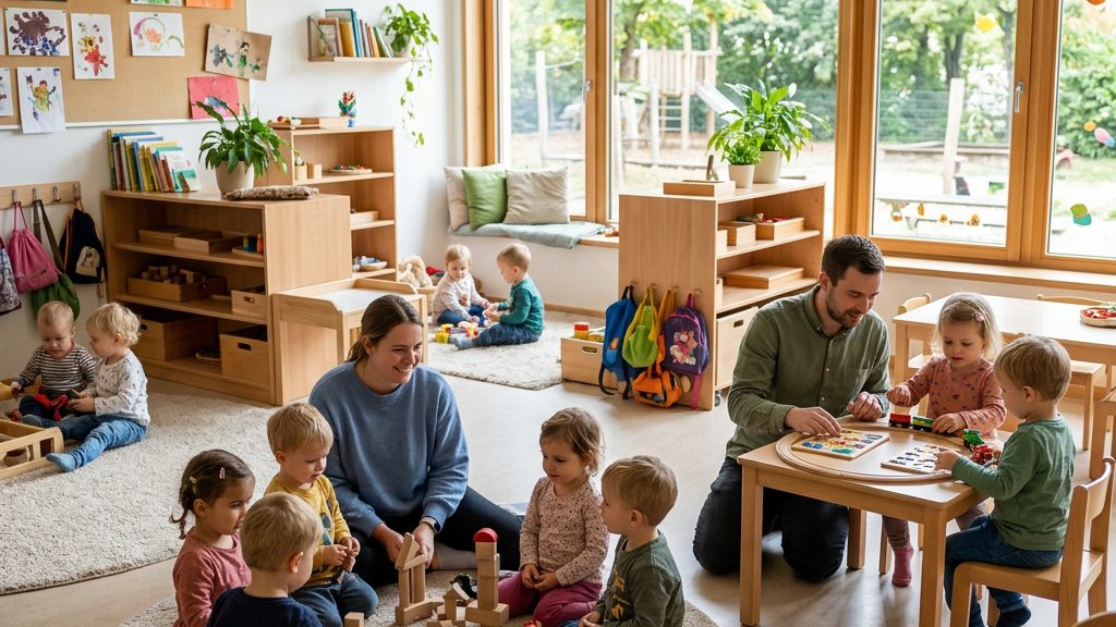 Erzieherinnen betreuen Kleinkinder in einer hellen Kindertagesstätte