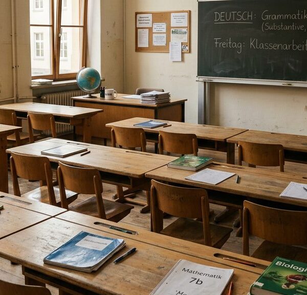 Leeres Klassenzimmer mit Holztischen und Tafel – Symbol für Lehrermangel an deutschen Schulen