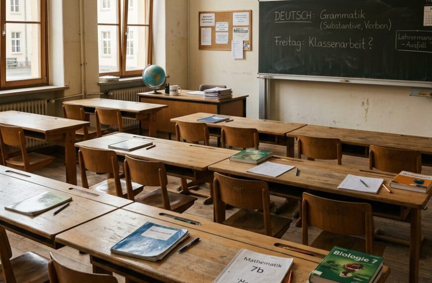 Leeres Klassenzimmer mit Holztischen und Tafel – Symbol für Lehrermangel an deutschen Schulen