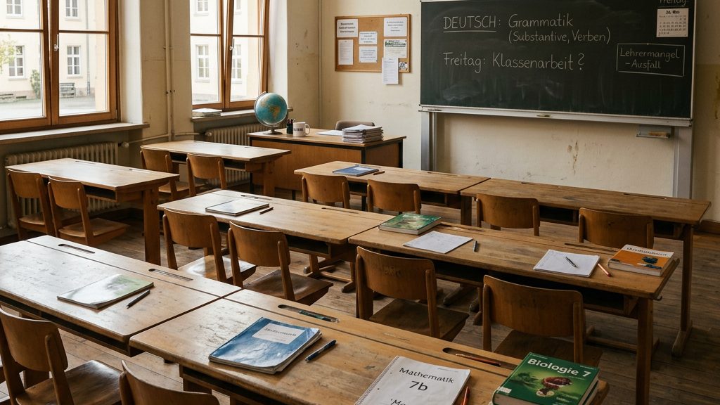 Leeres Klassenzimmer mit Holztischen und Tafel – Symbol für Lehrermangel an deutschen Schulen