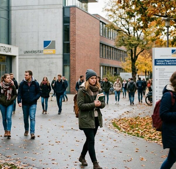 Studierende auf dem Campus einer deutschen Universität zwischen Vorlesungsgebäuden