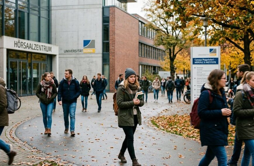 Studierende auf dem Campus einer deutschen Universität zwischen Vorlesungsgebäuden