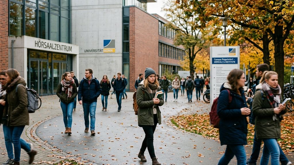 Studierende auf dem Campus einer deutschen Universität zwischen Vorlesungsgebäuden