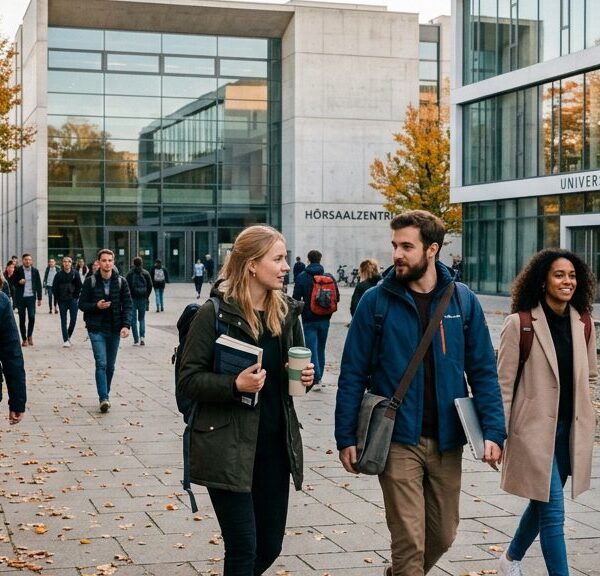 Studierende auf dem Campus einer deutschen Universität im Herbstlicht