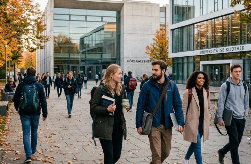 Studierende auf dem Campus einer deutschen Universität im Herbstlicht