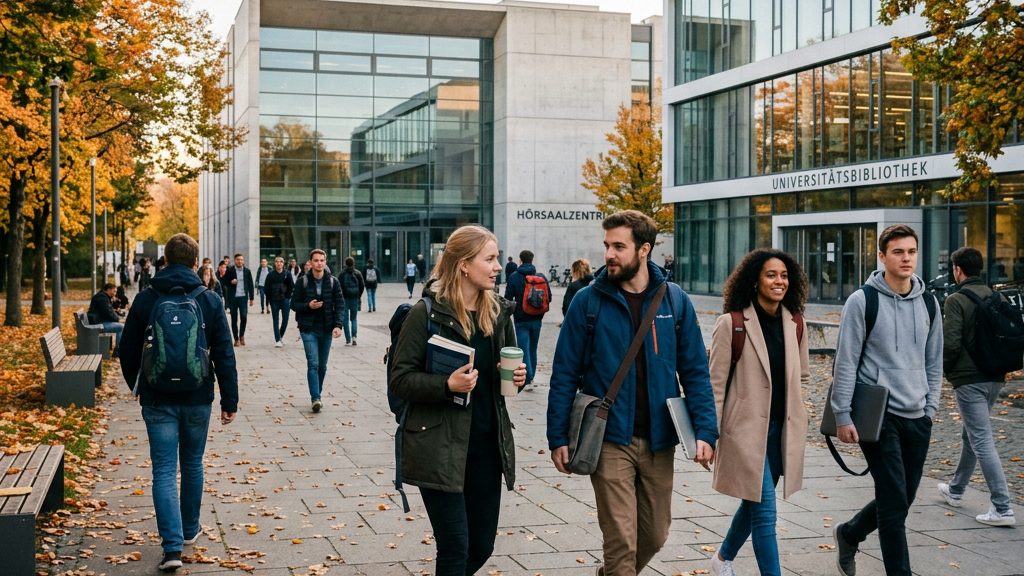 Studierende auf dem Campus einer deutschen Universität im Herbstlicht