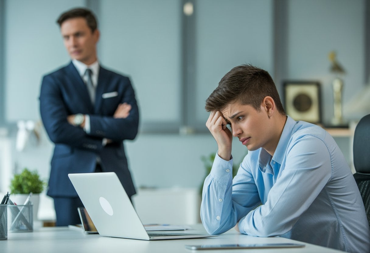 Ein junger Erwachsener sitzt frustriert an einem Schreibtisch, während im Hintergrund ein selbstbewusst wirkender Coach steht.