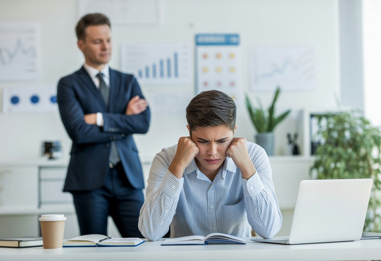 Ein junger Erwachsener sitzt frustriert an einem Schreibtisch, während eine selbstbewusste Person im Hintergrund steht.