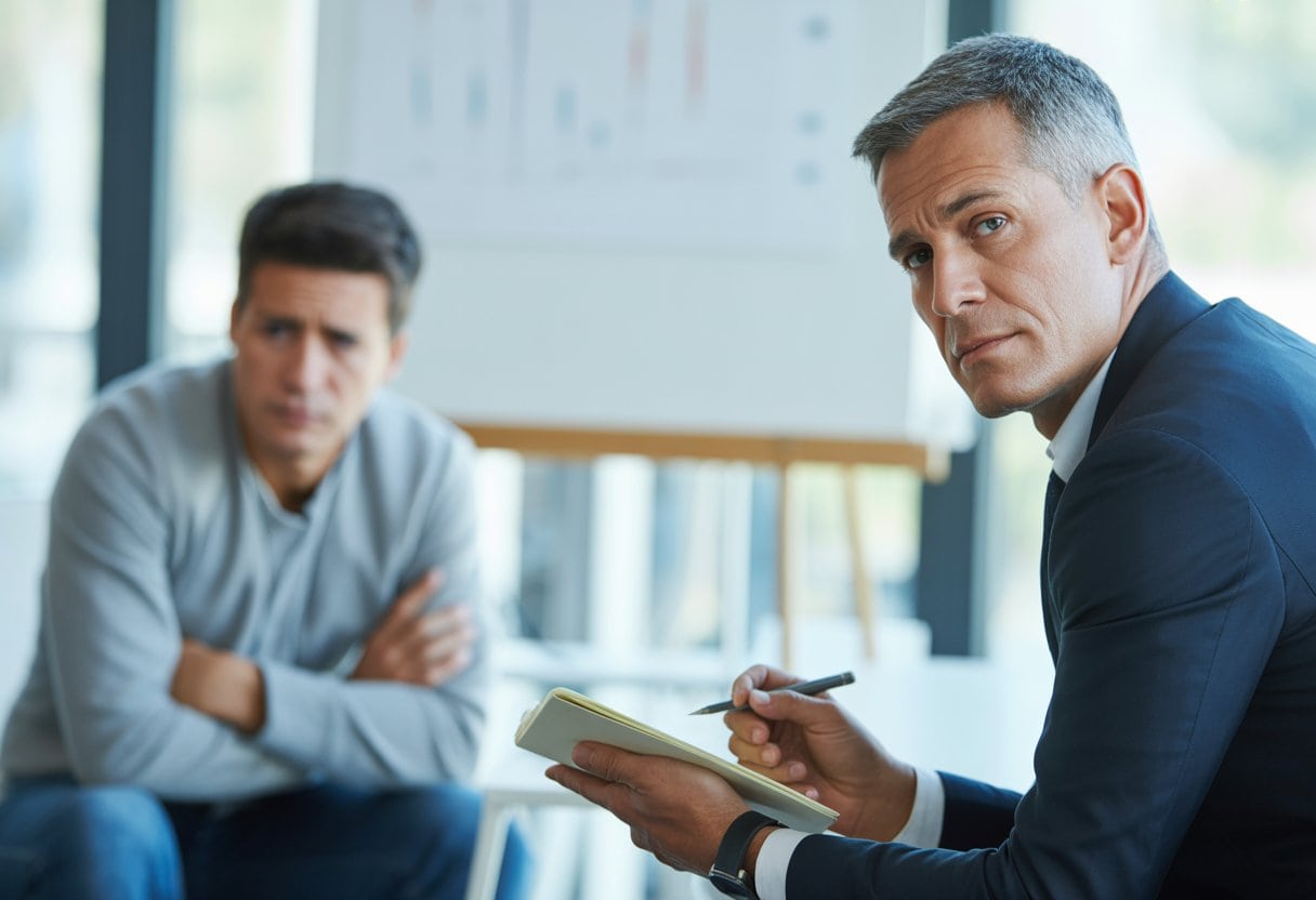 Ein Coach und ein Klient sitzen sich in einem modernen Büro gegenüber, der Klient wirkt frustriert, der Coach bleibt ruhig.