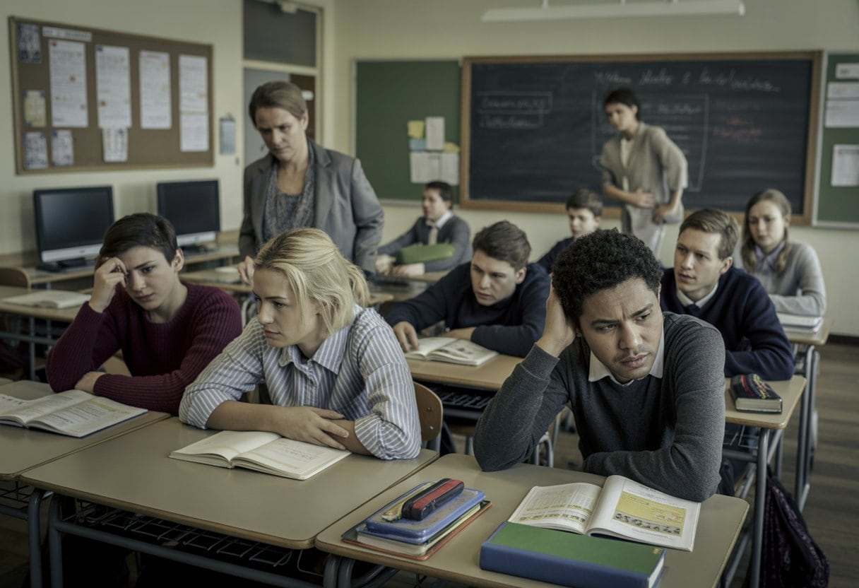 Eine deutsche Schulklasse mit frustrierten Schülern und einem gestressten Lehrer in einem überfüllten und schlecht ausgestatteten Klassenzimmer.
