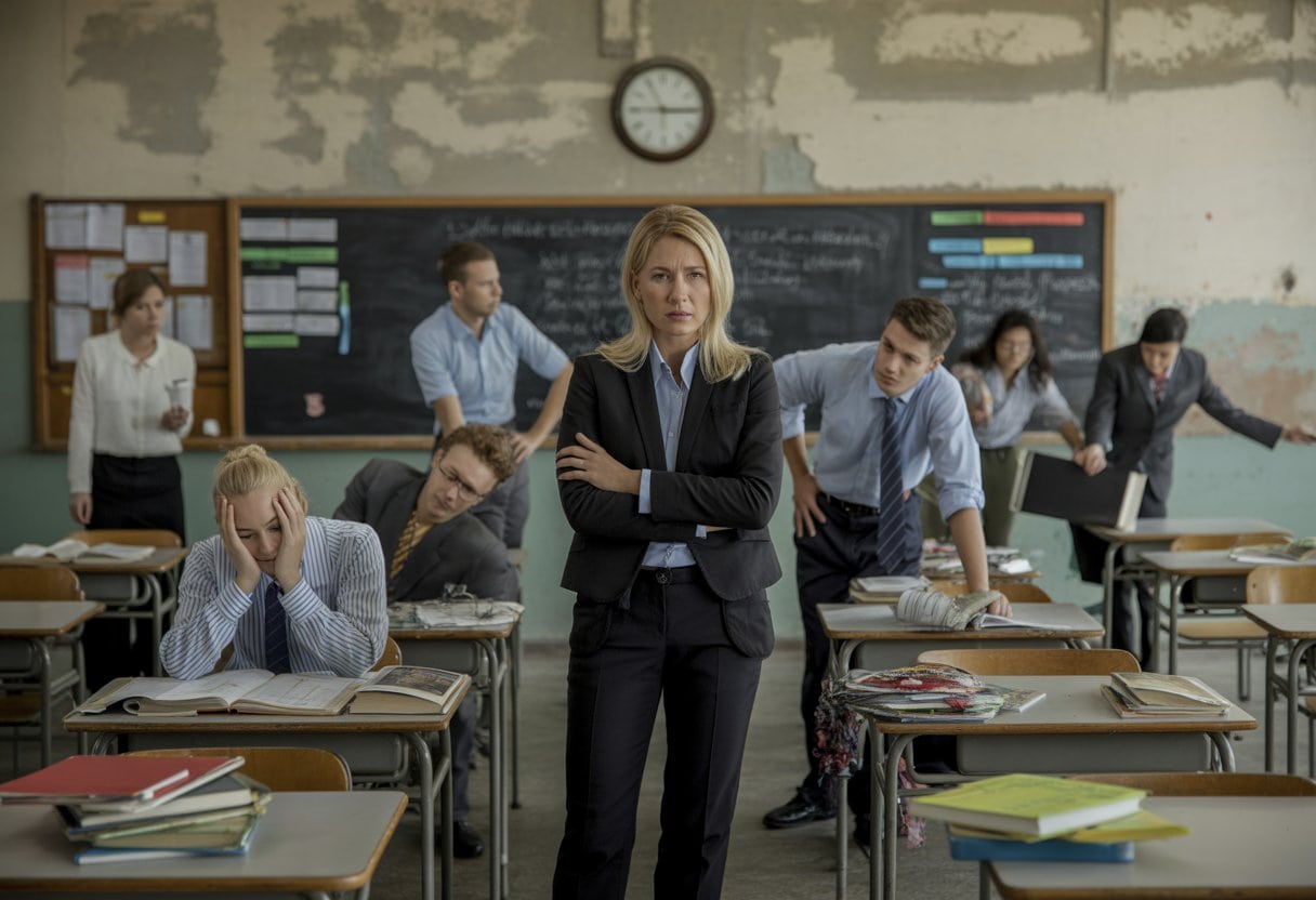 Ein Klassenzimmer mit gestressten Lehrern und überforderten Schülern in einem veralteten und überfüllten Schulraum.