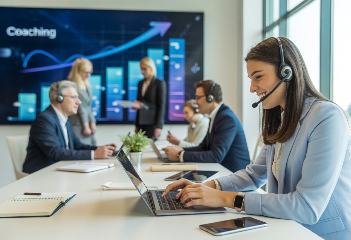 Eine junge Frau mit Headset arbeitet an einem Laptop in einem modernen Büro, im Hintergrund sind digitale Diagramme auf einem Bildschirm zu sehen.