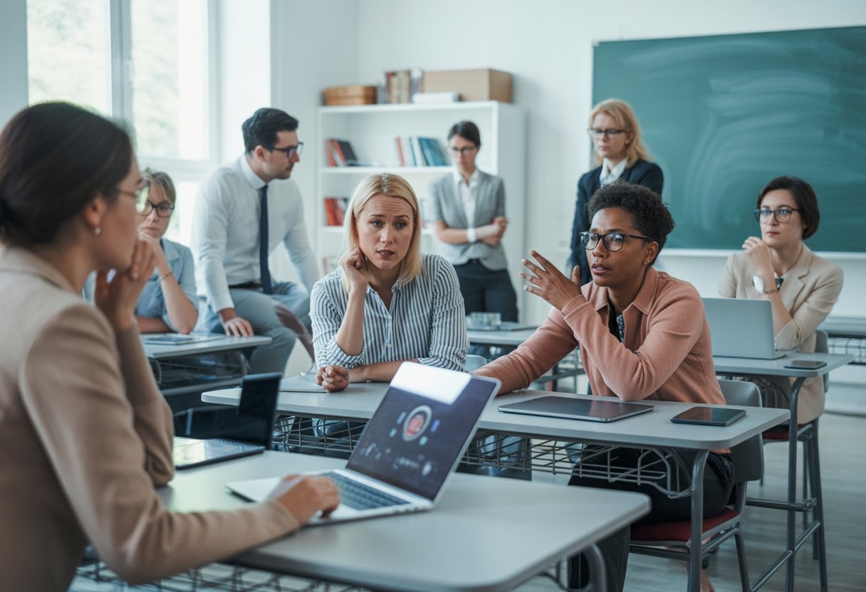 Eine Gruppe deutscher Lehrkräfte diskutiert ernsthaft in einem Klassenzimmer mit digitalen Geräten und Whiteboard im Hintergrund.