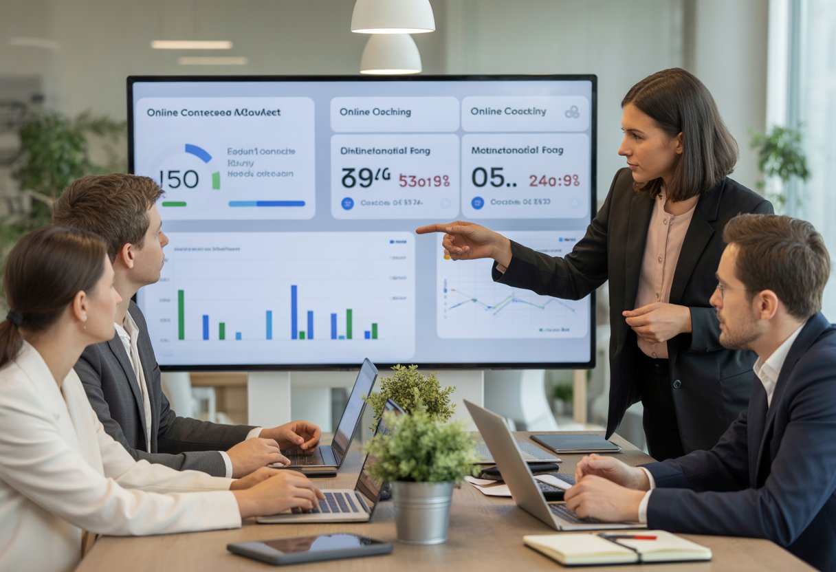 Geschäftsleute diskutieren in einem modernen Büro vor einem Bildschirm mit Diagrammen und Statistiken.