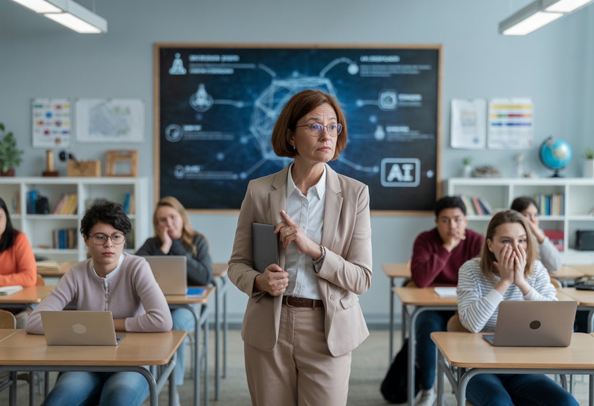 Eine Lehrerin steht unsicher vor einer digitalen Tafel in einem Klassenzimmer mit Schülern, die mit Laptops arbeiten.