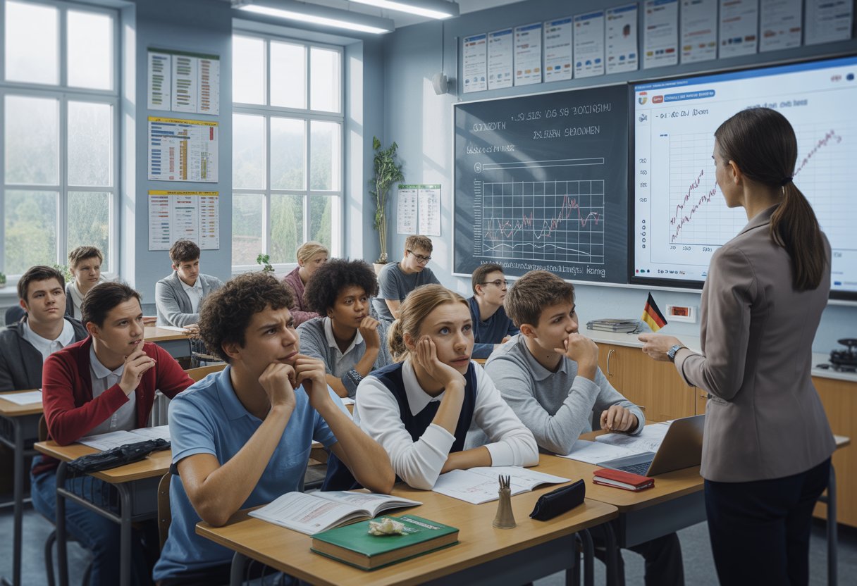 Schüler und Lehrerin in einem Klassenzimmer, die gemeinsam an einer Tafel mit Diagrammen arbeiten.