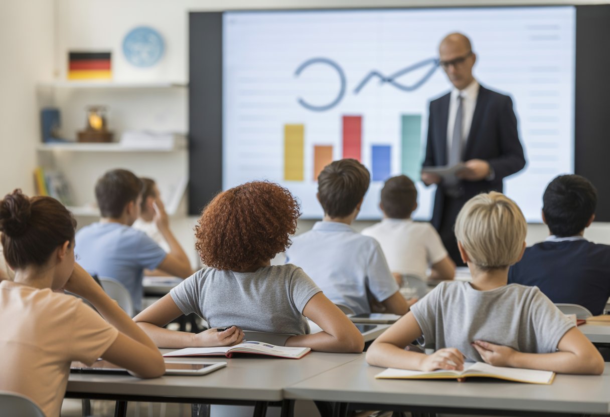 Eine Gruppe von Schülern und eine Lehrkraft in einem Klassenzimmer, die gemeinsam lernen und Daten analysieren.