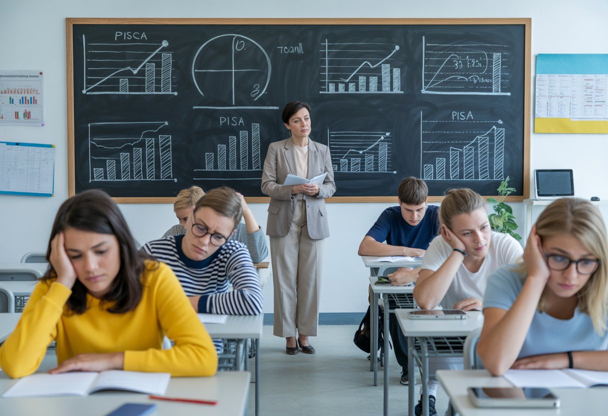 Eine moderne Schulklasse mit Schülern, die verwirrt oder frustriert bei einer Prüfung sind, während eine Lehrkraft nachdenklich vor einer Tafel mit Diagrammen steht.