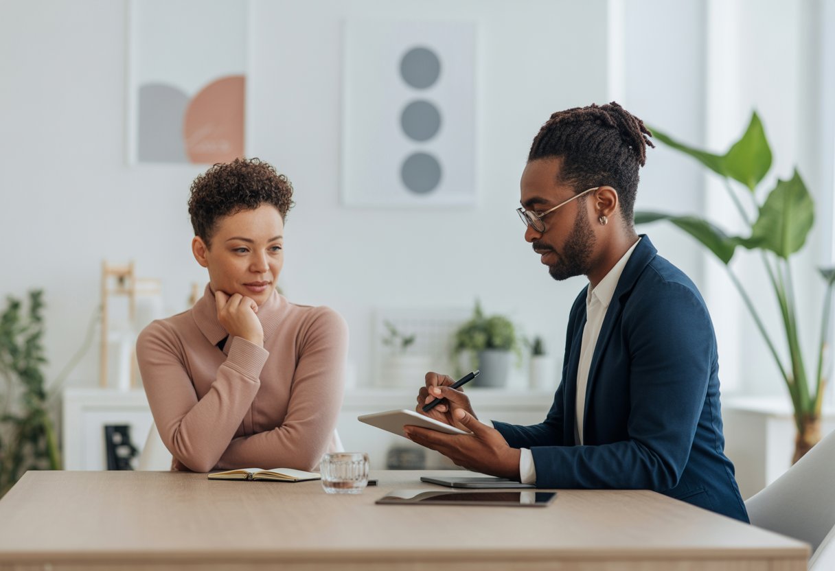 Ein Life-Coach und ein Klient sitzen in einem hellen Büro und führen ein aufmerksames Gespräch.