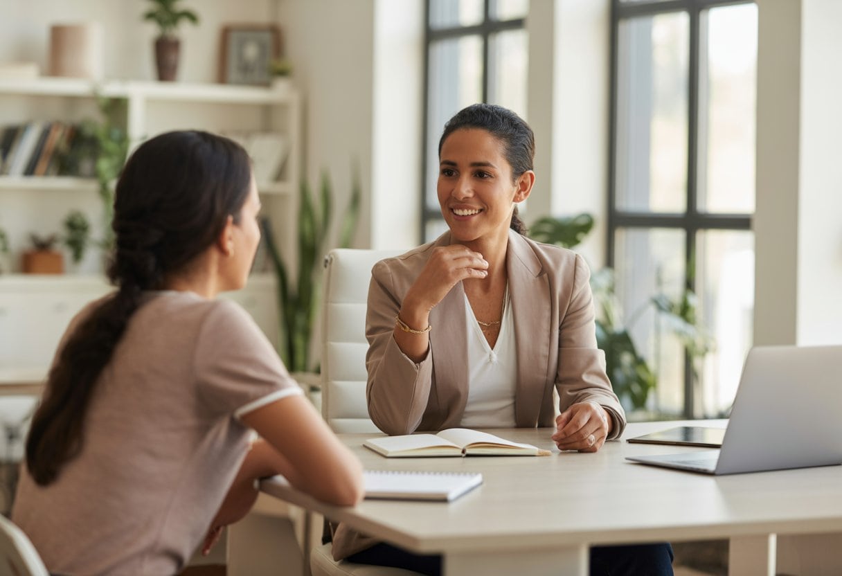 Ein Life Coach und ein Klient sitzen in einem hellen Büro und führen ein Gespräch.
