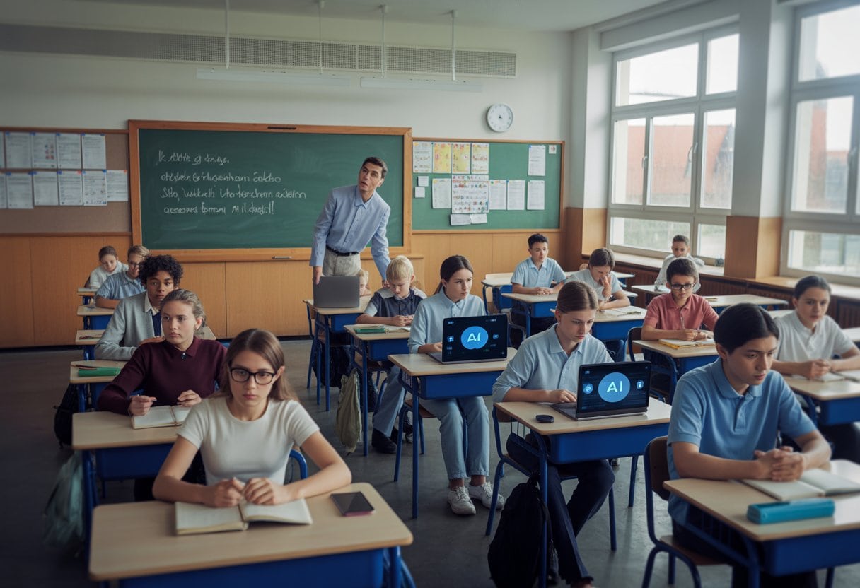 Ein Klassenzimmer mit Schülern und einer Lehrerin, einige Schüler nutzen Laptops, andere schreiben in Heften.