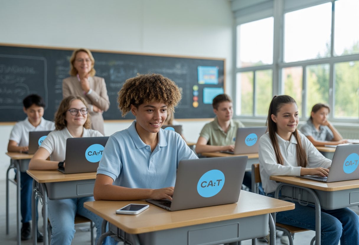 Eine Gruppe von Schülern in einem modernen Klassenzimmer nutzt Laptops und Tablets mit KI-Anwendungen, während die Lehrkraft im Hintergrund zuschaut.