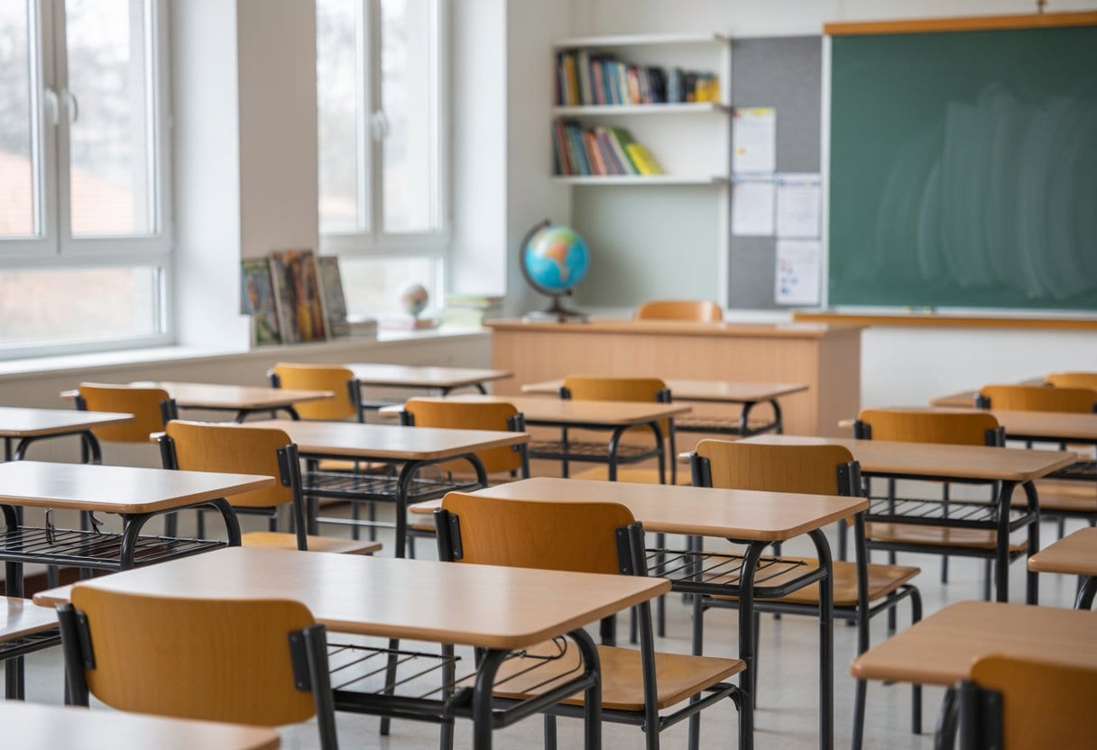 Leerer Klassenraum mit aufgereihten Tischen und Stühlen, Schulmaterialien und einer Tafel im Hintergrund.