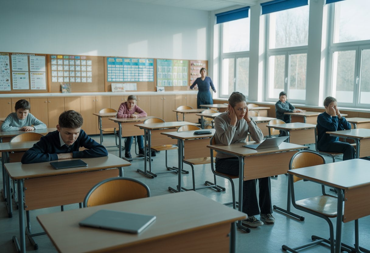 Ein Klassenzimmer mit wenigen Schülern und nur einem Lehrer, der versucht, die Klasse zu unterrichten, während einige Plätze leer sind.