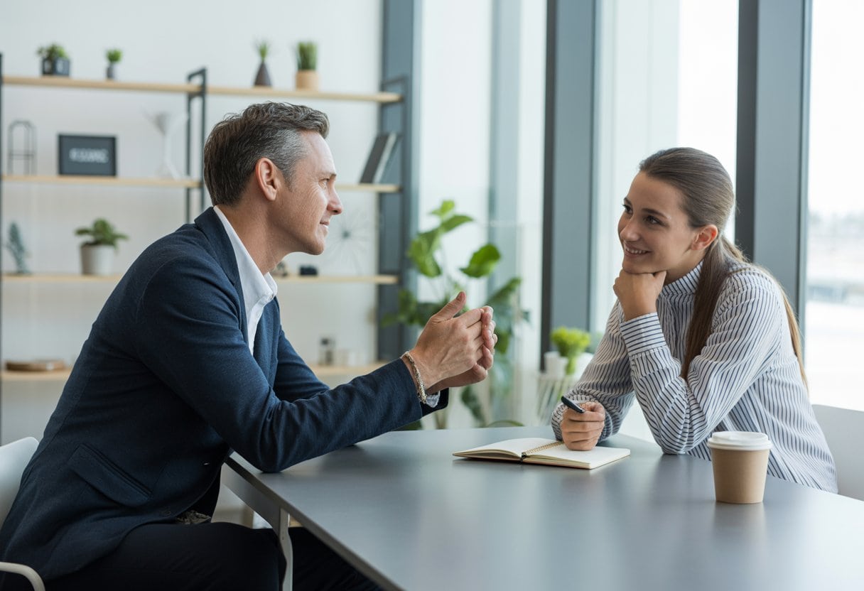 Ein Coach und ein Klient sitzen sich in einem hellen Büro gegenüber und führen ein persönliches Gespräch.