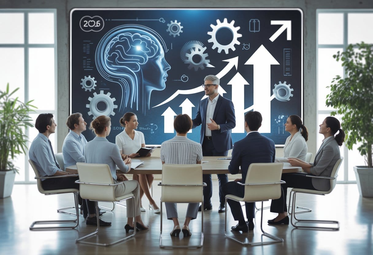 Eine Gruppe von Menschen in einem modernen Büro nimmt an einer Coaching-Sitzung teil, während ein Coach vor einem Bildschirm mit abstrakten Symbolen steht.