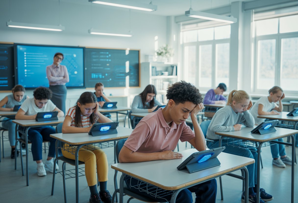 Ein Klassenzimmer mit Tablets auf jedem Schreibtisch, Schüler wirken unkonzentriert oder frustriert, Lehrkraft steht vorne und schaut nachdenklich.