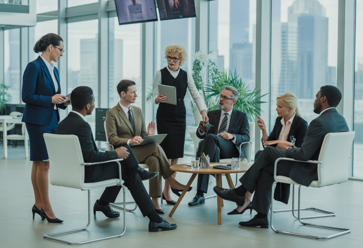 Eine Gruppe von Geschäftsleuten in einem modernen Büro bei einer Coaching-Sitzung, die aufmerksam zuhören und sich austauschen.