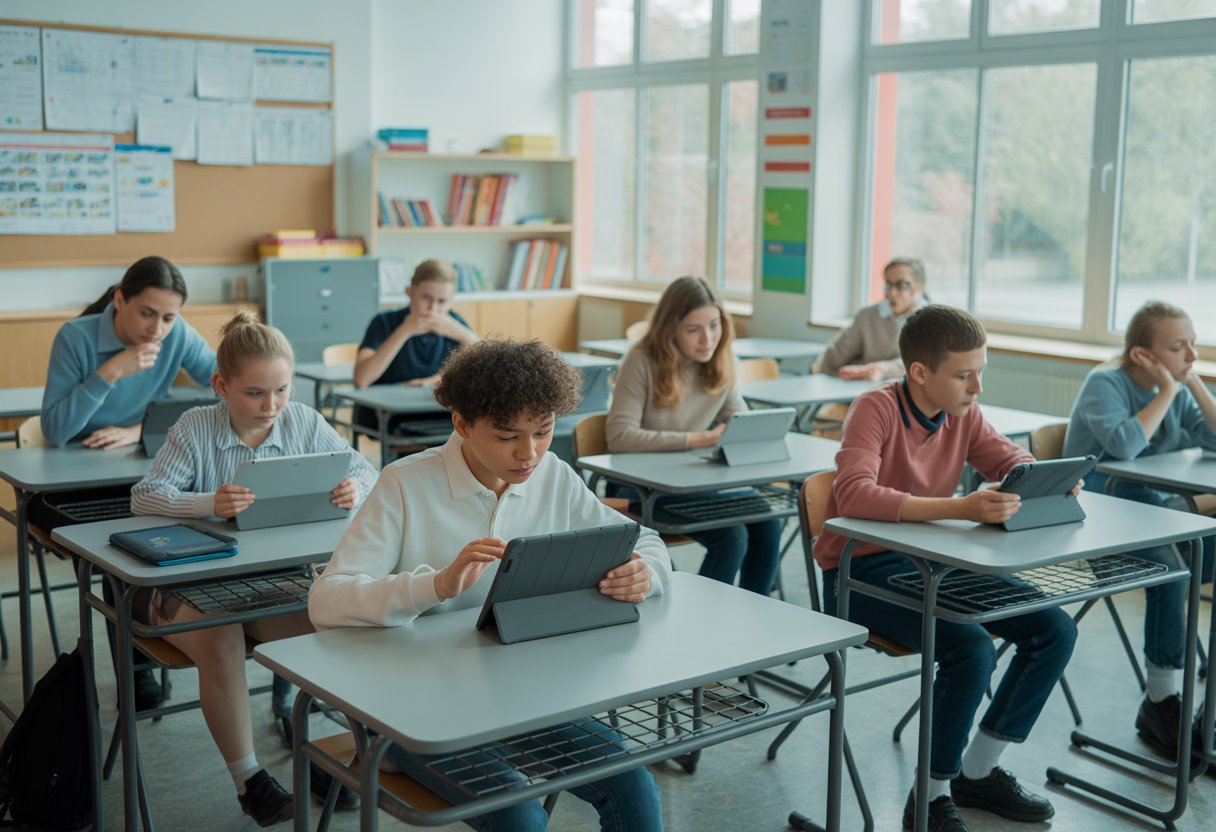 Eine moderne Schulklasse mit Schülern, die Tablets benutzen, während eine Lehrkraft ihnen hilft.