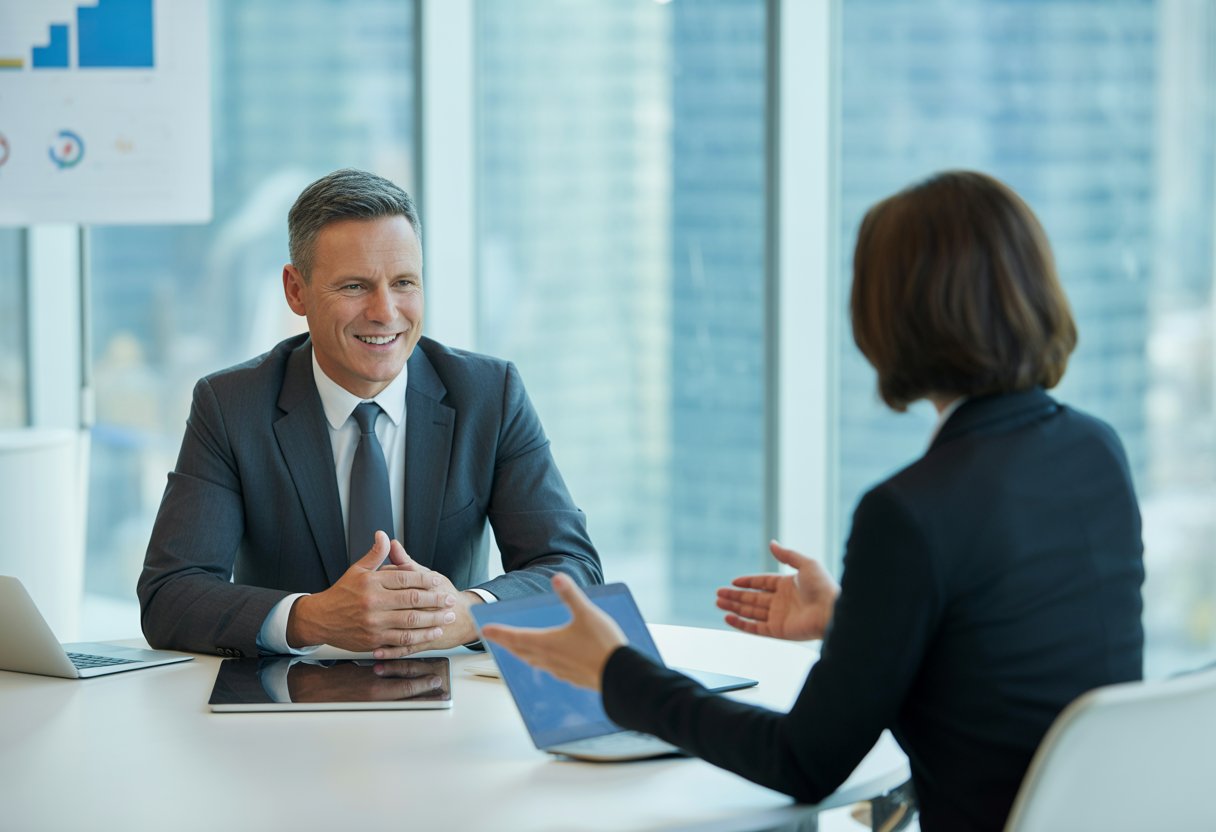 Ein männlicher Manager und ein Coach führen ein konzentriertes Gespräch in einem modernen Büro mit Blick auf die Stadt.