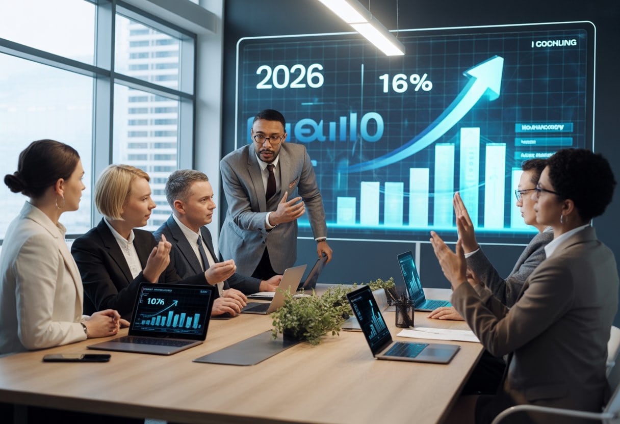 Eine Gruppe von Geschäftsleuten arbeitet gemeinsam in einem modernen Büro mit digitalen Bildschirmen und Diagrammen, die Wachstum und Planung darstellen.