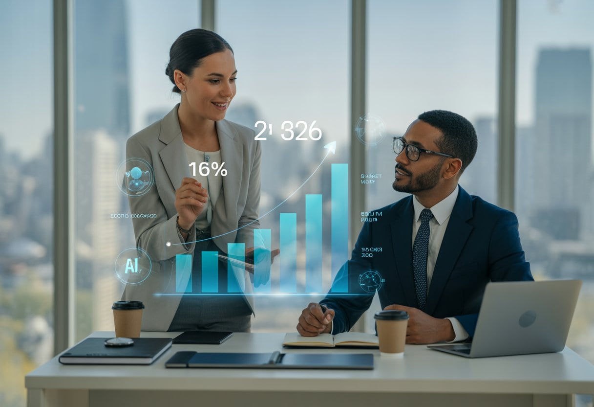 Zwei Geschäftspersonen diskutieren in einem modernen Büro mit digitalen Diagrammen, die Marktwachstum und KI-Coaching zeigen.