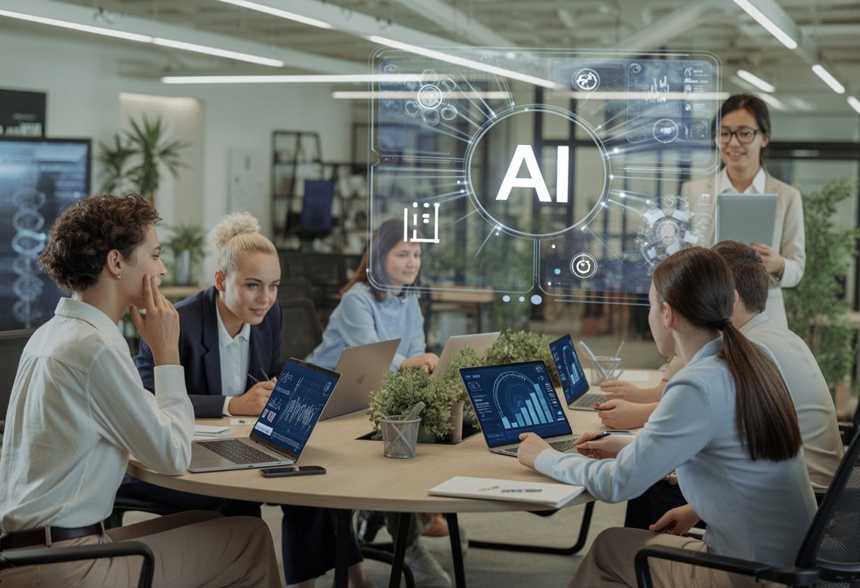 Junge Fachkräfte arbeiten gemeinsam an einem Tisch mit Laptops und digitalen Anzeigen, im Hintergrund sind futuristische Symbole für KI und Datenkompetenz zu sehen.