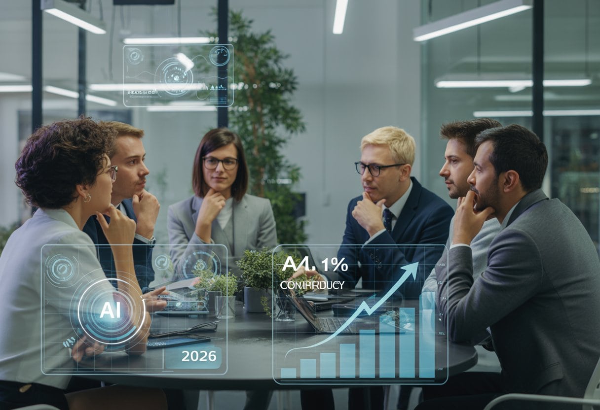 Geschäftsleute in einem modernen Büro, die in einem Meeting mit digitalen Bildschirmen über KI-Coaching und Marktwachstum diskutieren.