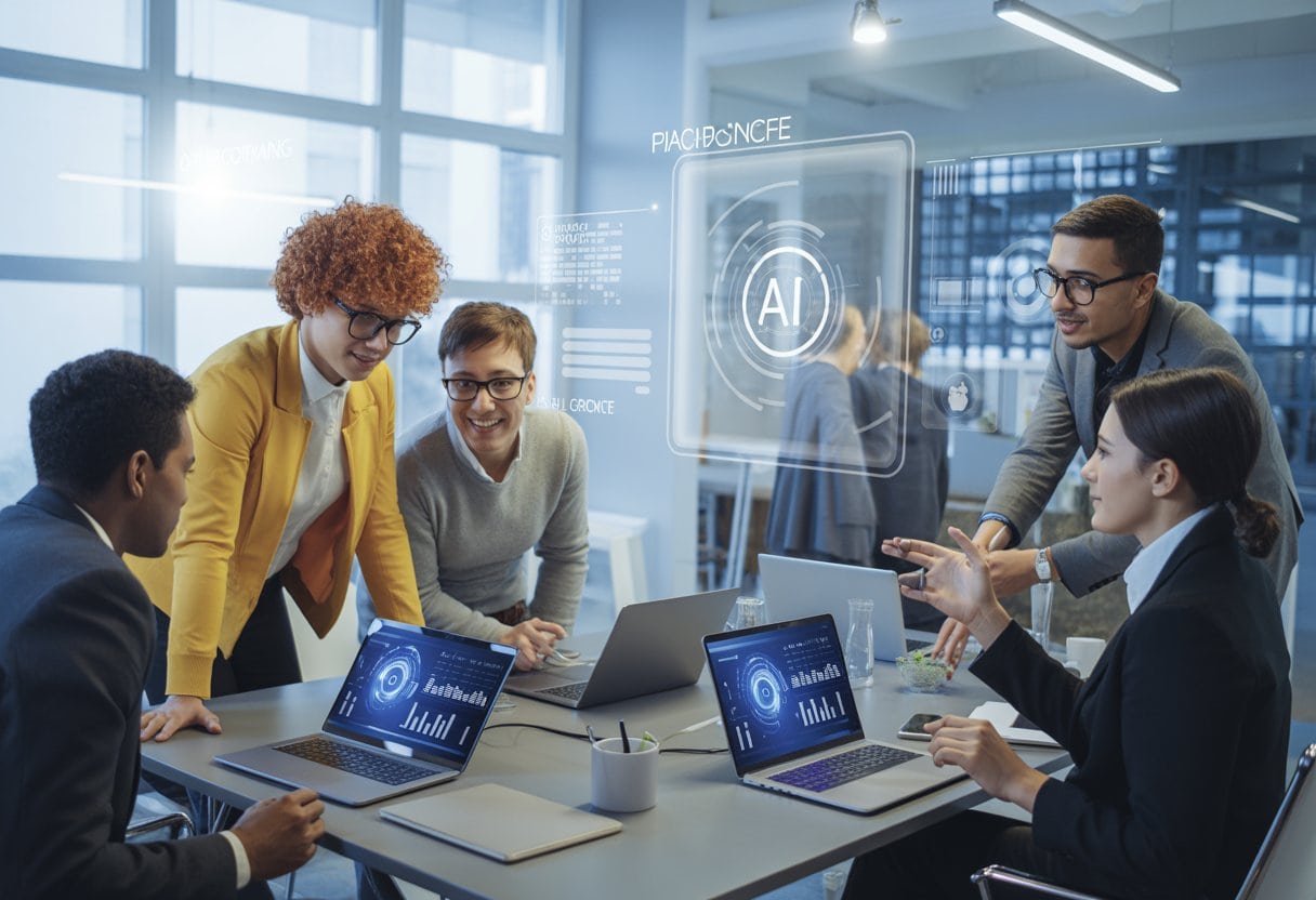 Mehrere junge Berufstätige arbeiten gemeinsam an einem Tisch mit Laptops und digitalen Geräten in einem modernen Büro.
