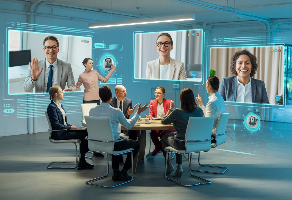 Mehrere Personen in einem modernen Büro führen ein hybrides Coaching durch, einige vor Ort am Tisch, andere über Videokonferenz auf Bildschirmen.