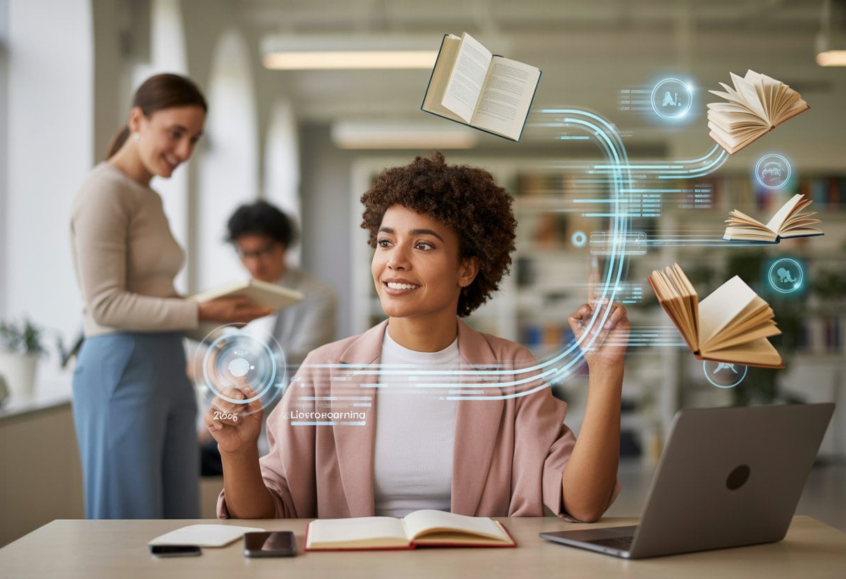 Eine erwachsene Person lernt an einem Laptop, während digitale Wissenspfade und eine weitere unterstützende Person im Hintergrund zu sehen sind.